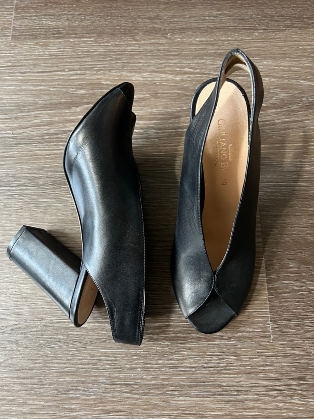 🇮🇹 Black Leather Peep-Toe Slingback Block Heels